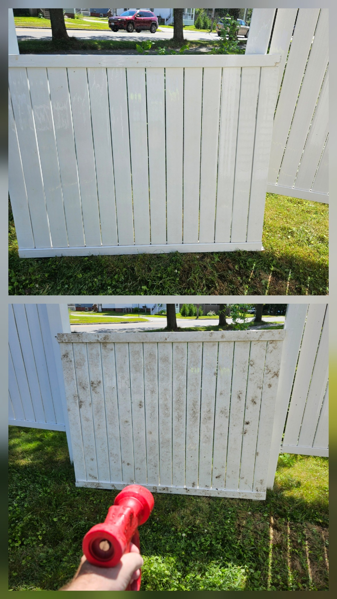 White vinyl fence before and after cleaning