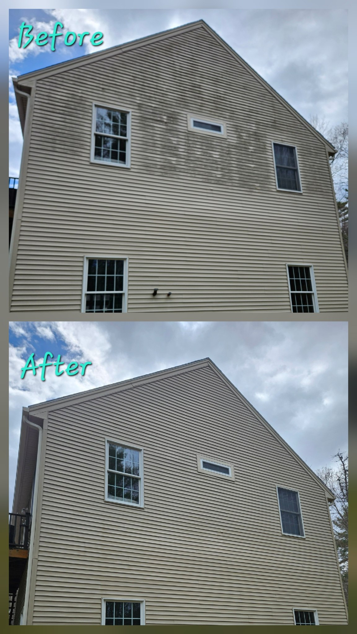 Tall gable siding cleaned with soft wash